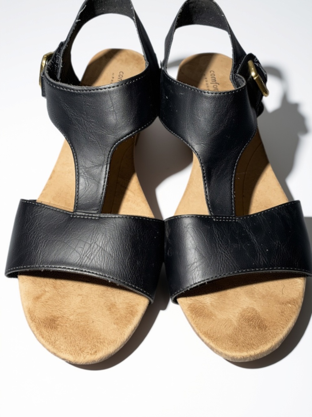 Comfort Plus by Predictions Women's 8.5 Black T-Strap Wedge Sandals